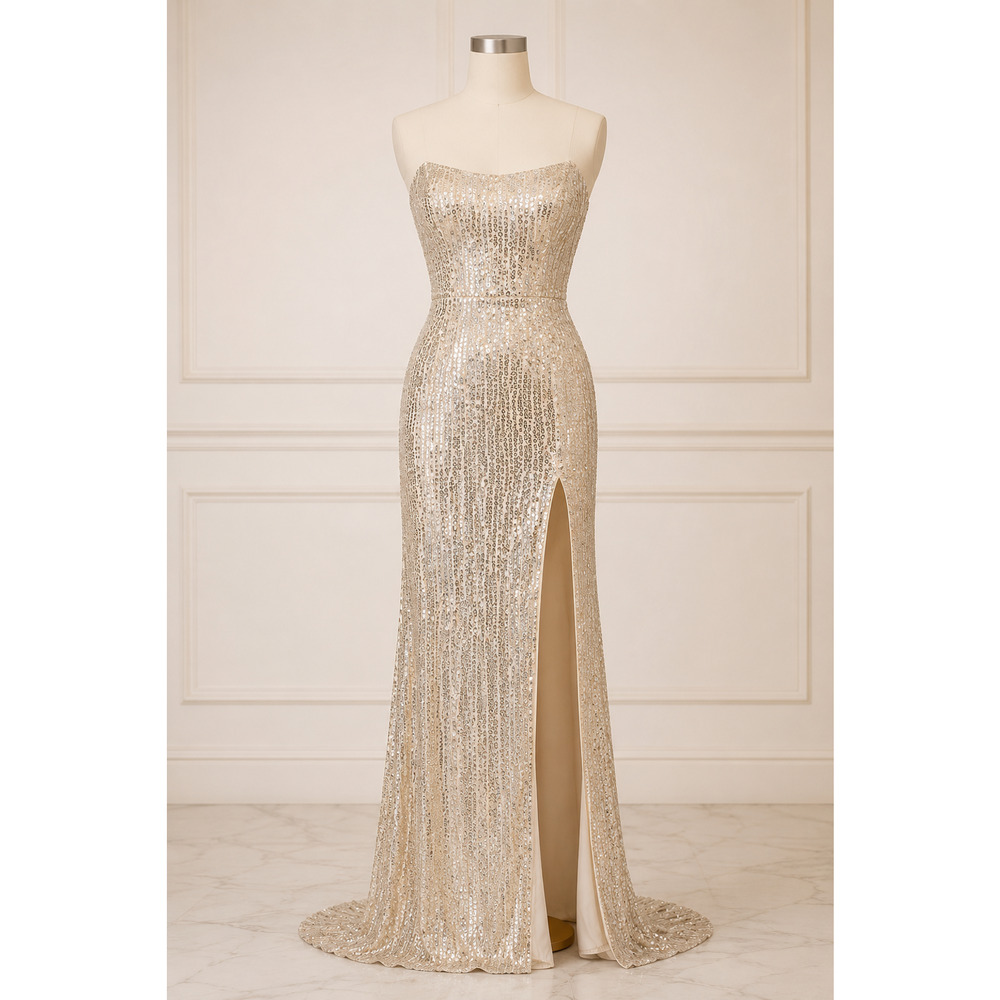 Betsy & Adam Size 12 Champagne Beaded Sequin Strapless Formal Prom Gown NWT - Picture 2 of 8